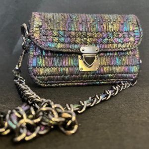 Home handwoven metallic clutch – small size in black multi iridescent with chain strap