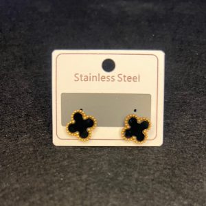 Home black stainless steel stud earrings – four leaf clover design with gold bezel