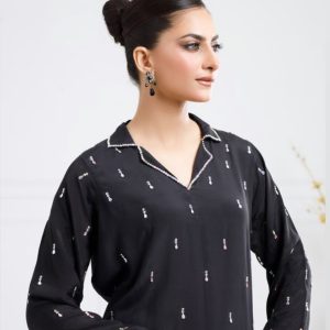 Home chandni | black viscose suit with delicate pearl motifs – 3 piece classic elegance