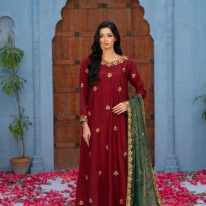 rani maroon raw silk embroidered gotta work suit – 3 piece with pure mesuri dupatta