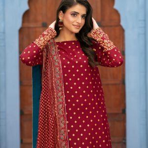 mughal | maroon raw silk embroidered suit – 3 piece with block printed chiffon dupatta