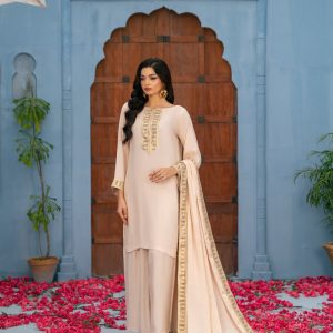 Home aura peach raw silk embroidered lace suit – 3 piece with neckline, sleeves & dupatta detailing