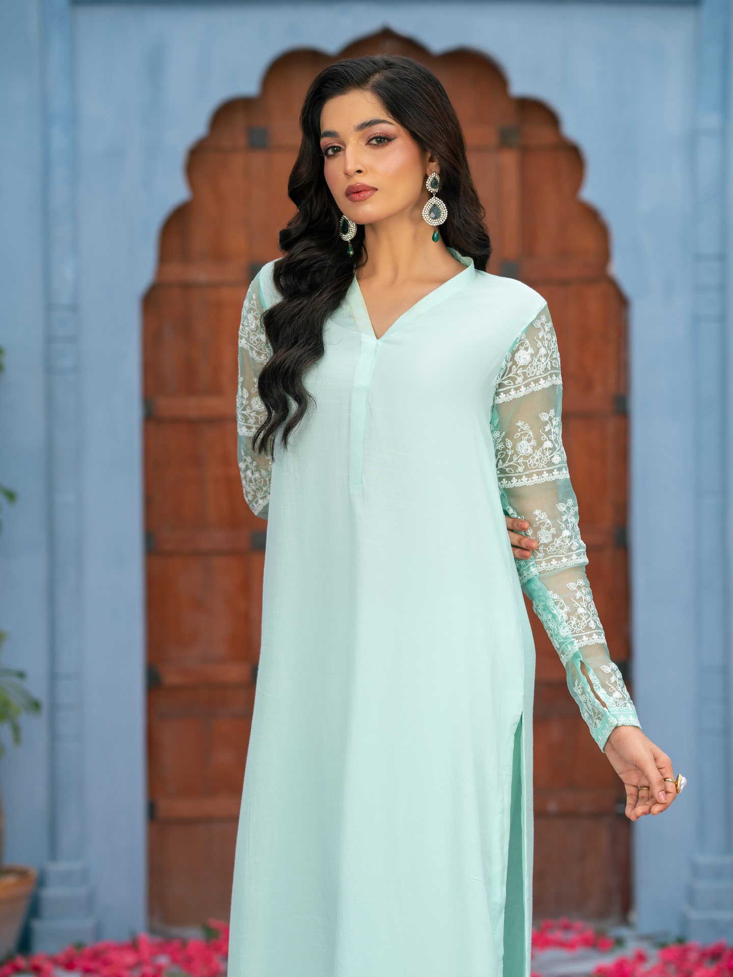 sky | mint green raw silk suit with organza embroidered sleeves – 3 piece graceful ensemble sky | mint green raw silk suit with organza embroidered sleeves – 3 piece graceful ensemble
