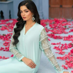 sky | mint green raw silk suit with organza embroidered sleeves – 3 piece graceful ensemble