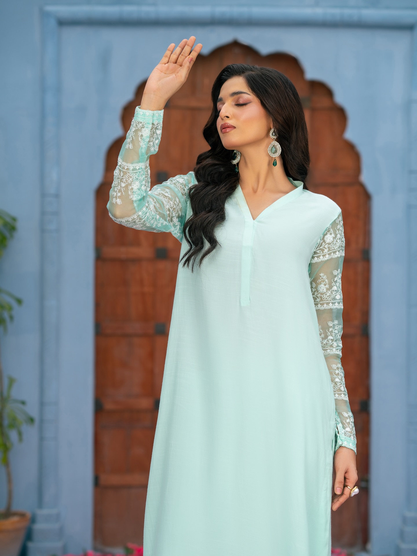 sky | mint green raw silk suit with organza embroidered sleeves – 3 piece graceful ensemble sky | mint green raw silk suit with organza embroidered sleeves – 3 piece graceful ensemble