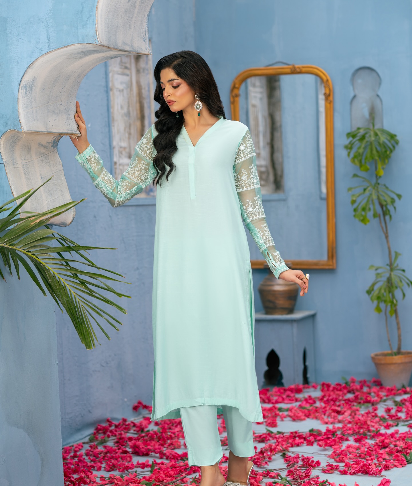sky | mint green raw silk suit with organza embroidered sleeves – 3 piece graceful ensemble sky | mint green raw silk suit with organza embroidered sleeves – 3 piece graceful ensemble