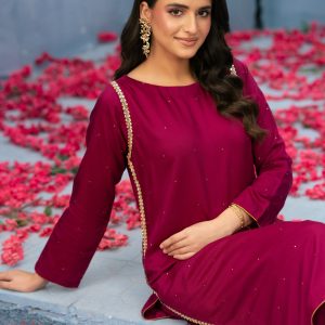 Home glorious | magenta viscose suit with stone lace sides – 3 piece timeless charm