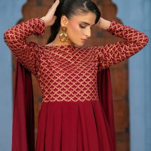 Home joy | maroon raw silk anarkali suit – 3 piece with flowing dupatta & subtle sparkle