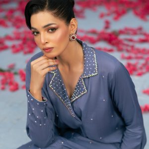Home fay | slate blue raw silk suit with stone embellished shirt – 3 piece elegance