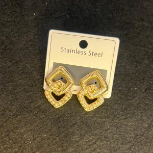 Home golden interlocked square stud earrings – medium size with pearl embellishment