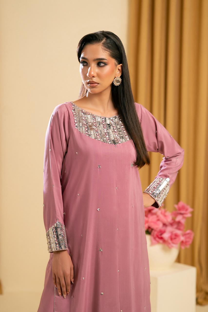 Lilac Korean Raw Silk Suit with Sequin Adda Work – Luxury 3-Piece Festive Elegance